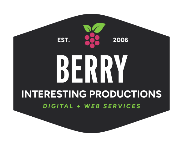 the Berry Interesting logo - a black badge with the BIPi icon - a raspberry with 7 pink dots and two green leaves - at the top, and the words Est. 2006 Berry Interesting Productions Digital + Web Services